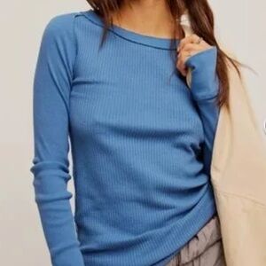 💙 We The Free Honey B 💙 Copenhagen Blue Ribbed Women's Thermal Crewneck Top